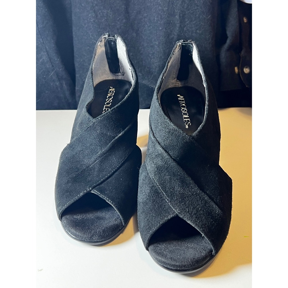 Aerosoles Suede Peep Toe Heels Criss Cross Black‎ Dressy Pumps 7M Gintle Soul